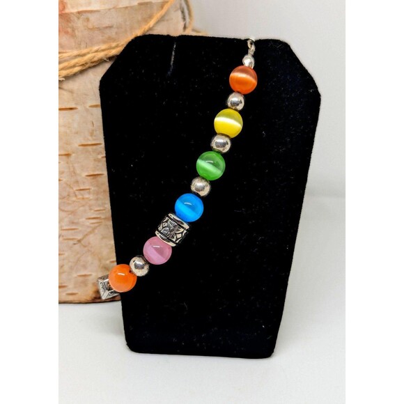 Vintage Cats Eye Multicolor Glass Beads Silvertone Ornate Spacers Bracelet - Picture 1 of 3